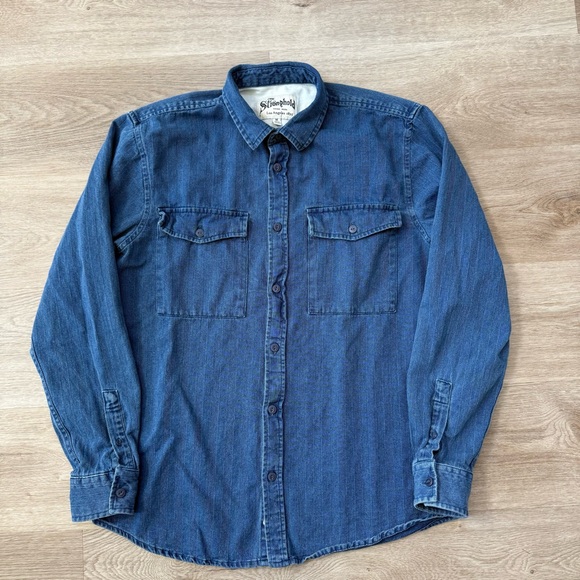 The Stronghold Mens L Shirt Indigo Stripe Texture Denim Chore Workwear Heritage - Picture 1 of 9